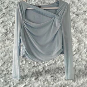 SHEIN Light Blue Draped Long-Sleeve Twist Front Top